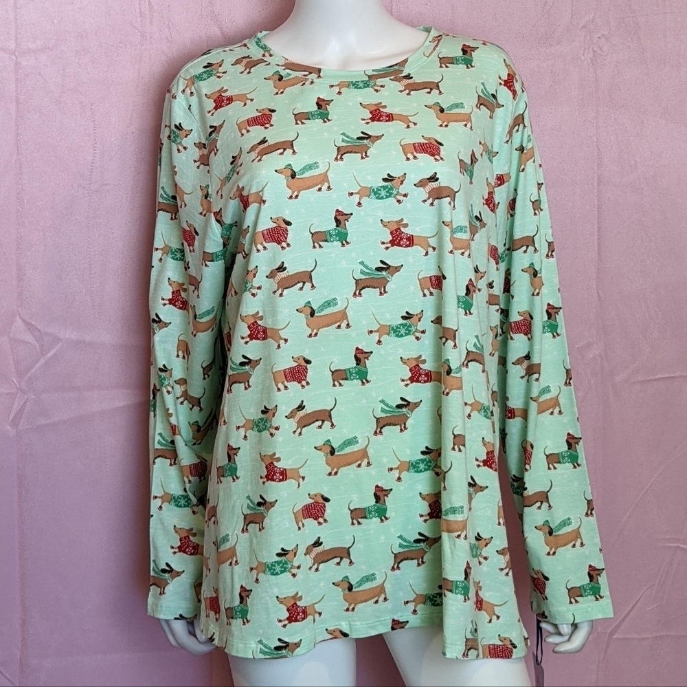 Sleep Sense Mint Green Wiener Dog Long Sleeve Christmas Pajama Top Medium